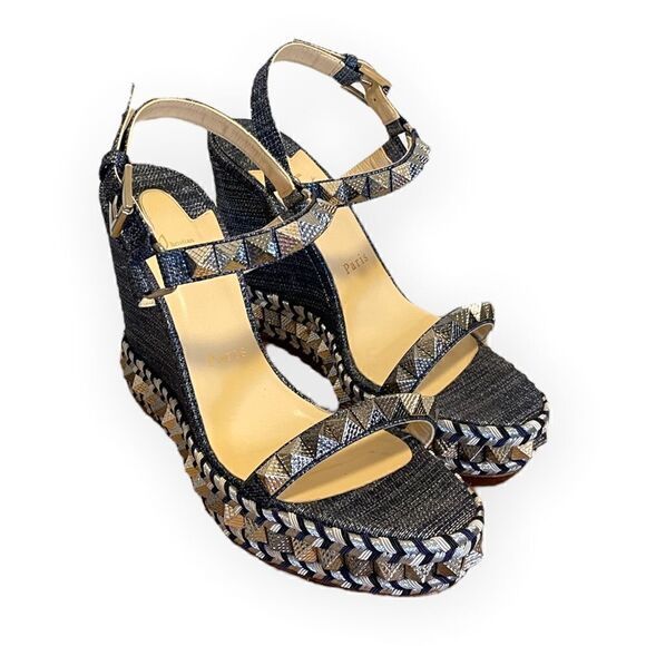 CHRISTIAN LOUBOUTIN Denim Lame Lux Pyraclou 110 Wedge Sandals |Size: 39| - Picture 12 of 13